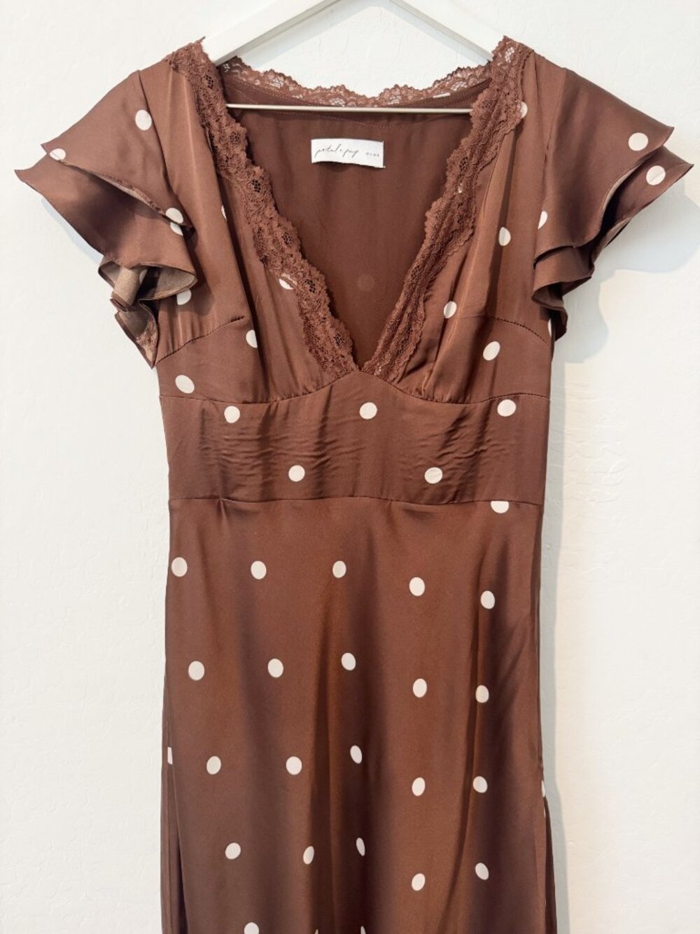 Petal and Pup Arella Maxi Dress Size 6 Brown Polka Dot Lace Trim Satin Romantic - Picture 4 of 14